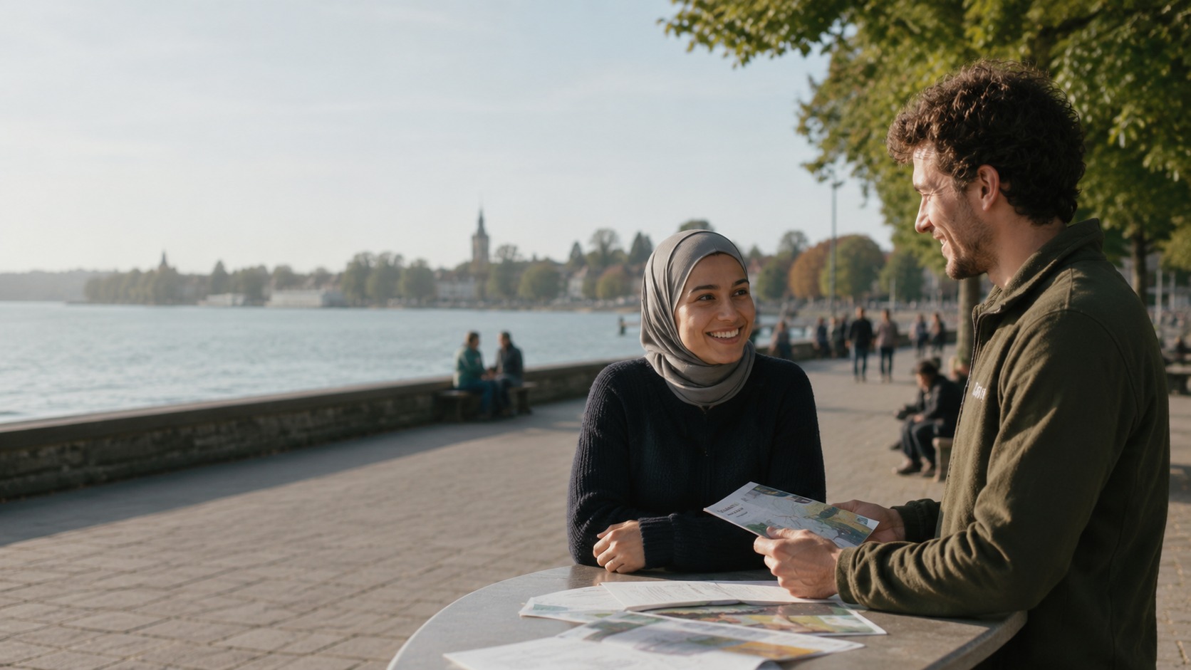 Freundliches Gespräch am Ufer als Bild für soziale Projektarbeit