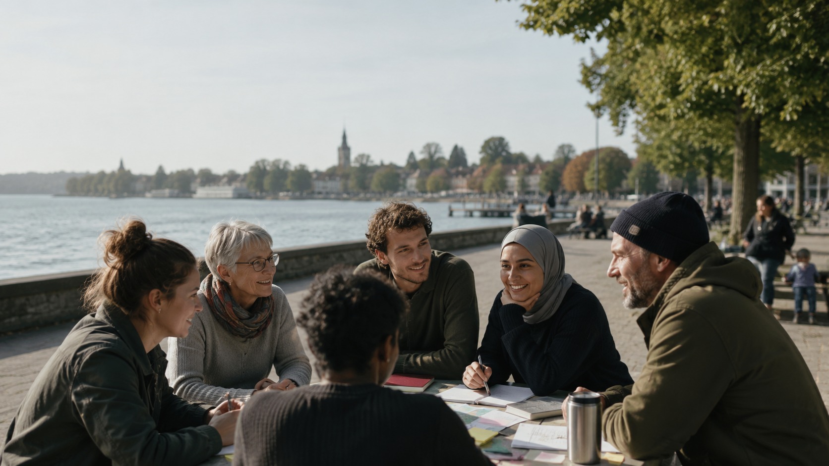 Menschen im Gespräch mit Blick auf den Bodensee als Titelmotiv für SEEPORTAL